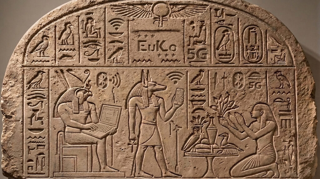 Antikes Relief im ägyptischen Stil das zwei Götter TK & IT zeigt einen mit Laptop einen mit Smartphone die angebetete werden.
