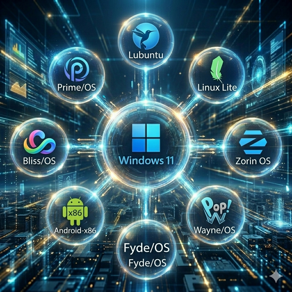 Bubble-Mindmap mit dem aktuellen Windows 11 im Zentrum darum die andere Betriebssysteme die auf Windows 11 wechseln.