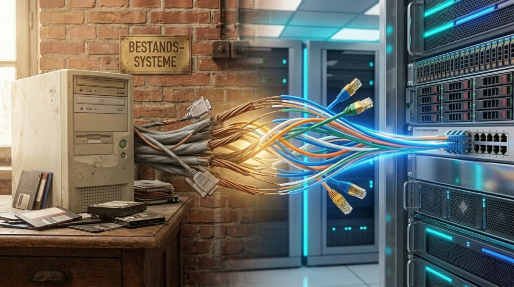Links: Ein Vintage Computergehäuse in einem alten Backsteingebäude. Rechts: ein moderner Serverraum. Beide verbunden durch ein Kabeln die von alten zu modernen LAN-Kupferleitungen bzw. Glasfaserleitung Verbunden.