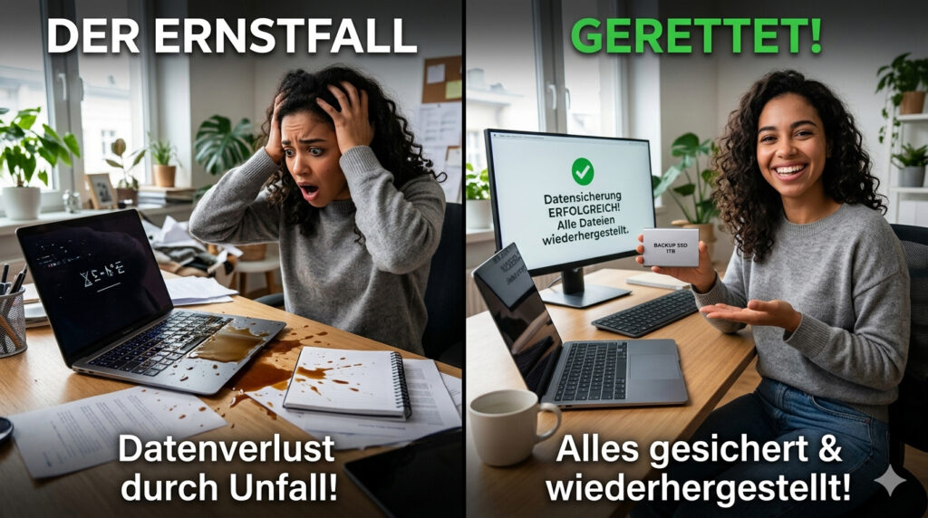 Auf zwei Vorher-Nachher-BIldern ist auf dem ersten Bild eine Frau zus ehen die sich die haare rauft weil Ihr Notebook kaffee ausgelaufen ist udn die festplatte beschädigt wurde alle Daten weg? Auf dem zweiten Bild zeigt die Frau ein SSD-BackUp Modul auf dem Ihre Daten wieder hergestellt wurden so das diese wieder hergestellt und gerettet wurden.