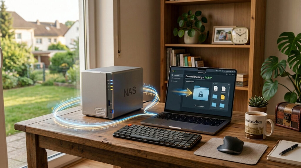 Auf einem Schreibtisch steht ein NAS-Server mit doppelter NAS-Festplatte zur Datensicherung, daneben ein Laptop der den Datentransfer zeigt.