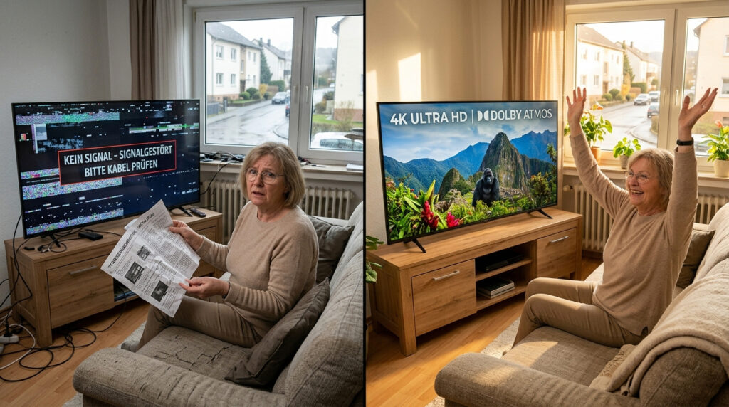 Zwei Vorher-Nachher-Bilder: Eine Kundin sitzt sichtlich überfordert vor einem Digital-TV Anschluss mit einer Gebrauchsanweisung der Bildschirm zeigt nur digitale Signal-Kyptographie. Auf dem Zweiten Bild ist die Frau erfreut und reisst die Hände in die Höhe weil Sie ein klares Bild empfängt.