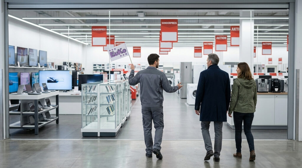 Ein techniker begleitet zwei Kunden bei Ihrem Einkauf und berät Sie unabhängig und fachmännisch