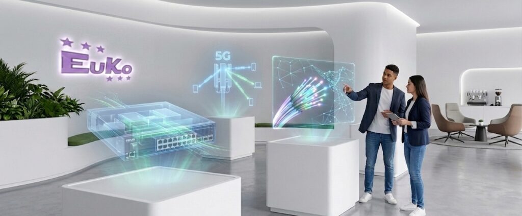 Euko-Lounge ein Whiteroom mit Holografischen Darstellungen von Telekommunikationstechnik und Infomrationstechnologie