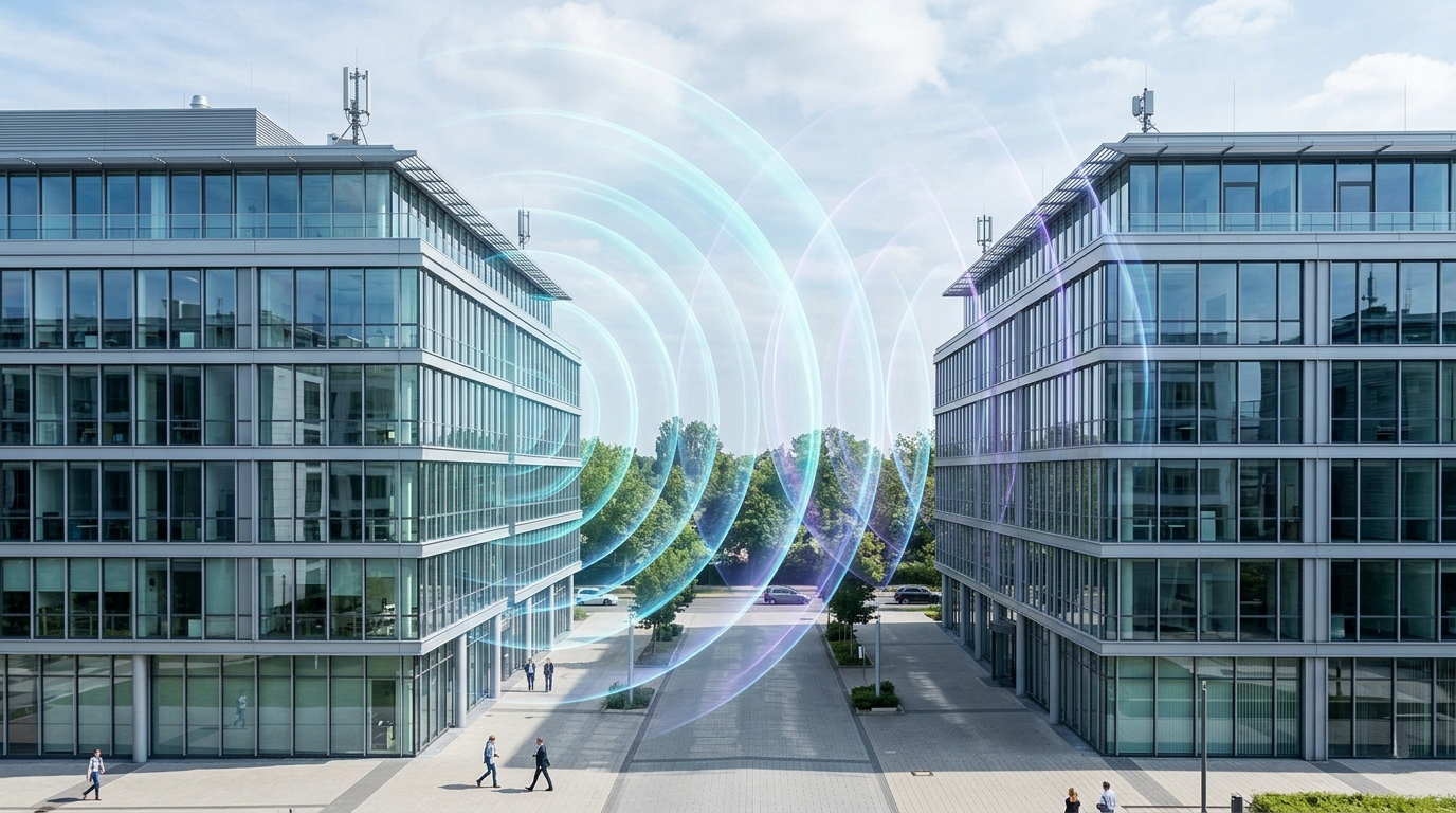 Zwei moderne Glasbürogebäude sich nebeneinander stehen und stilisierte Funkwellen zwischen den gebäuden