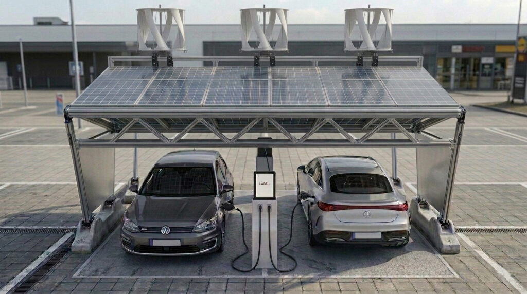 Eine Ladenbrücke mit Solarpanele und vertikalen Windtourbinen auf dem Dach darunter zwei PKW die gerade auf einem Supermarktparkplatz geladen werden.