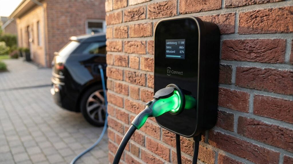 Ein Hausanschluss für das Laden von E-Mobilen an einer Hauswand nebeneiner Einfahrt einer Einfamilienhaussiedlung ein halbes Auto das daran angeschlossen ist ist zu sehen das von der Hausecke teilweise verdeckt wird