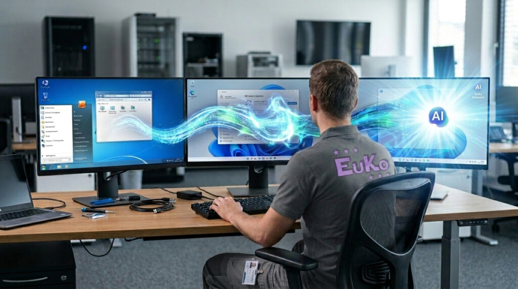 Ein Techniker der EuKo sitzt vor einem symbolischen Rechnersystem mit drei Monitoren wobei Links der Monitor alte Versionen von Windows, der mittlere Monitor die aktuelle Windows 11 Version und der rechte Monitor eine mögliche künftige Version von Windows 12 zeigt.