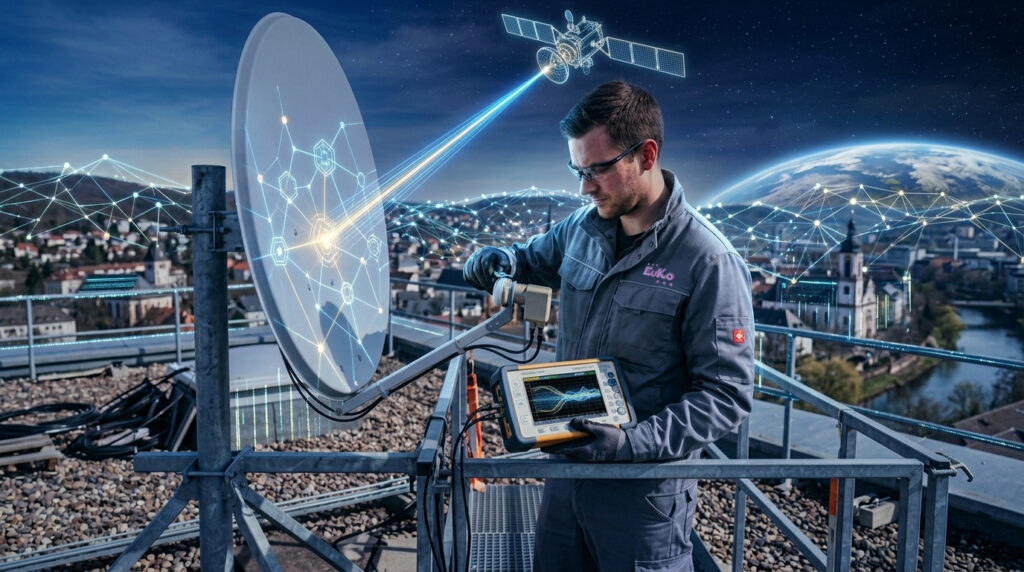 Satellitenstreckennetze, ein Techniker steht auf einem Flachdach an einer Empfangsschüssel im Hintergrund ein stilisierter Satellit