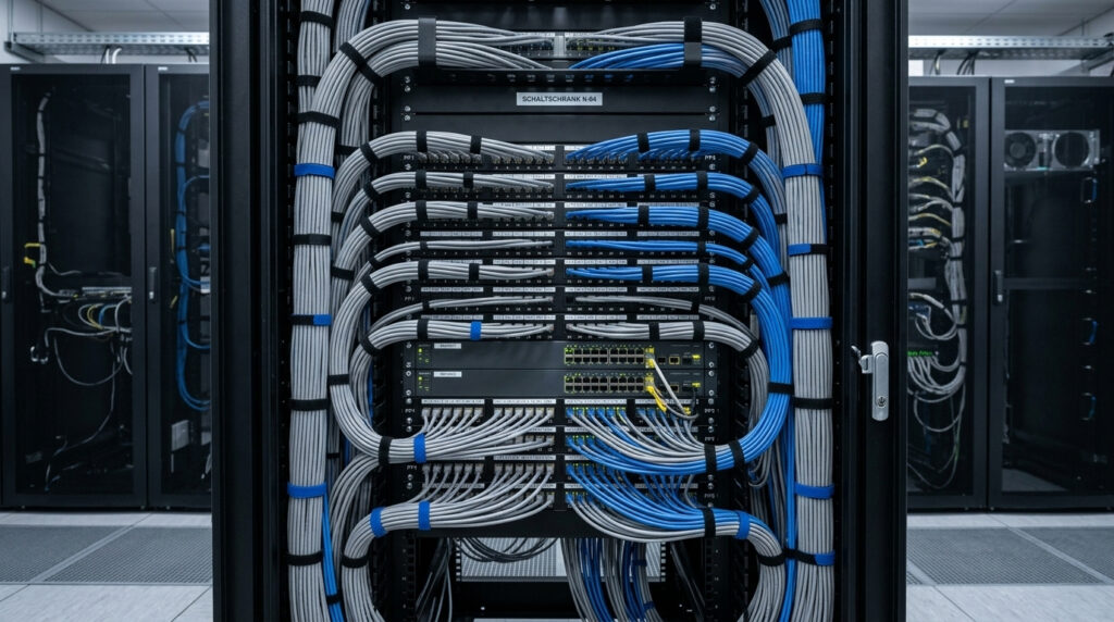 Saubre Netzwerkverkabelung eines Servers getrennt nach grauen und blauen Kabeln in einem Serverraum