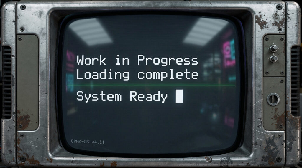 Ein Wiite-Screen- Monitor im Cyberpunkstil der den Text in einer alten DOS-Schrift _ Work in Progress | Loading complete | System Ready zeigt in der Scheibe des Monitors reflektiert außerdem ein erkennbarer Serverraum.