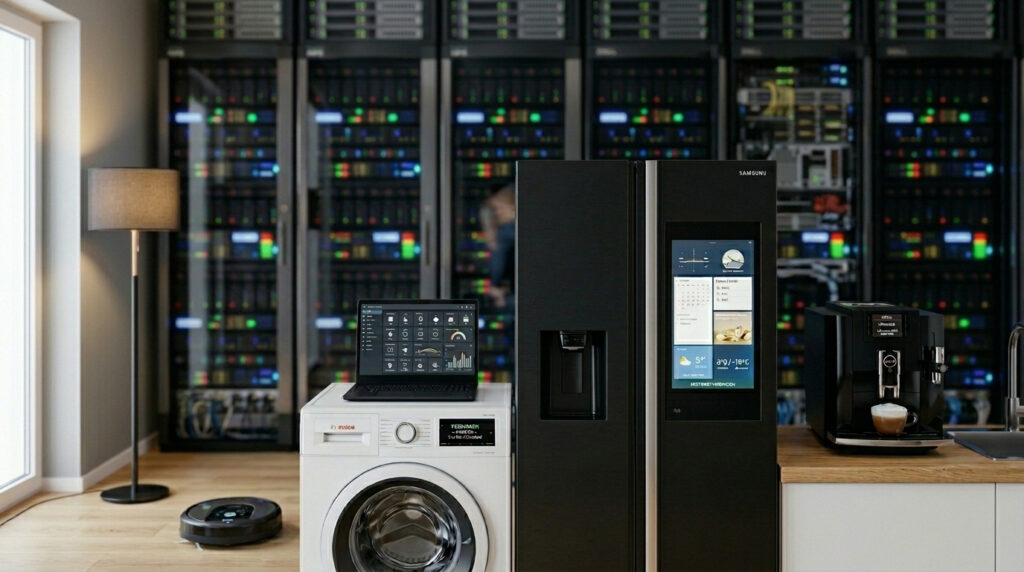 Systemintegration​: Verschiedenen Smarte Geräte sind vor einer Serverwand zu sehen.