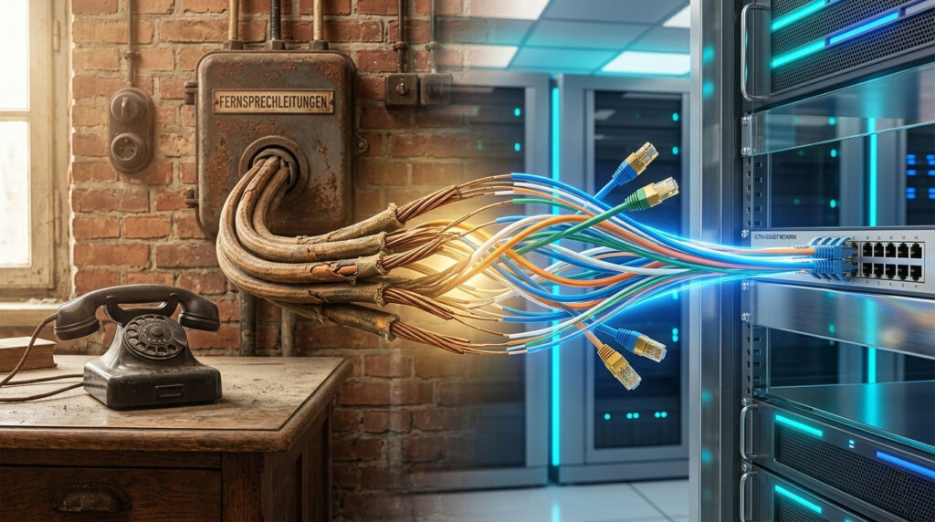 Links: Ein Vintage Telefon in einem alten Backsteingebäude. Rechts: ein moderner Serverraum. Beide verbunden durch ein Kabeln die von alten zu modernen Kupferleitungen wechseln.