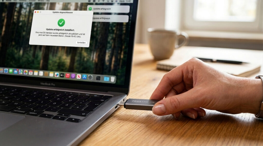 Eine Hand zeigt die einen USB_Stick aus einem Apple-Notbook zieht, auf dem Laptop ist zu lesen ein Systemmeldung "update abgeschlossen" und "Update erfolgreich installiert"