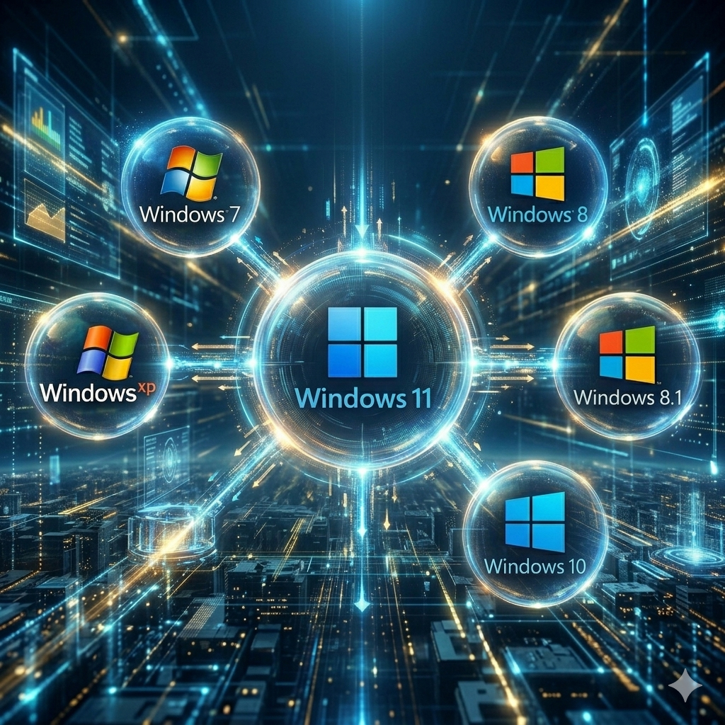 Bubble-Mindmap mit dem aktuellen Windows 11 im Zentrum darum die alten auslaufenden Windows-Versionen